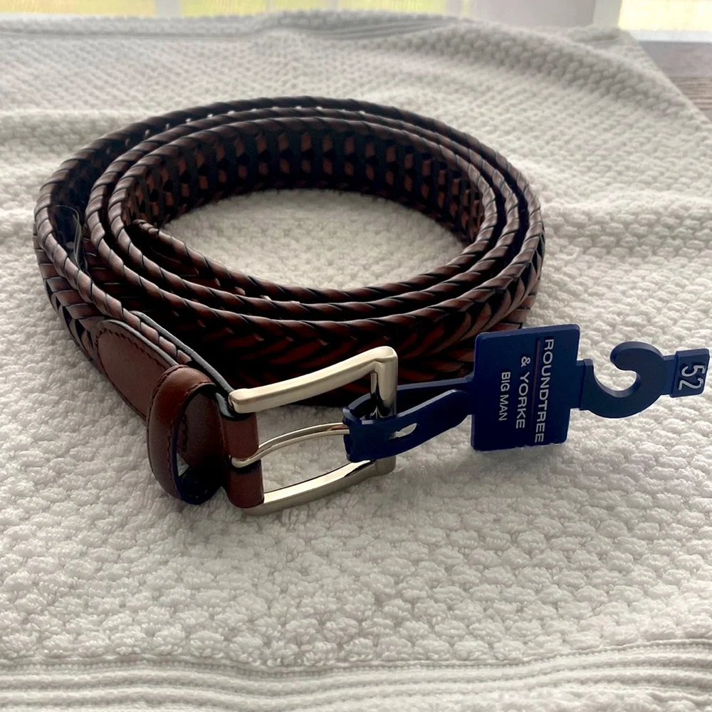 Roundtree & Yorke Big & Tall Brown V-Braided Leather Belt Size 52/130